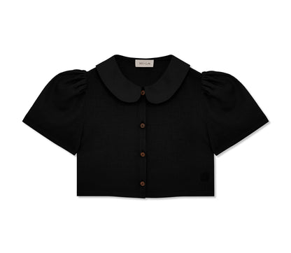 Má + Lin Frances Cropped Linen Blouse in Black