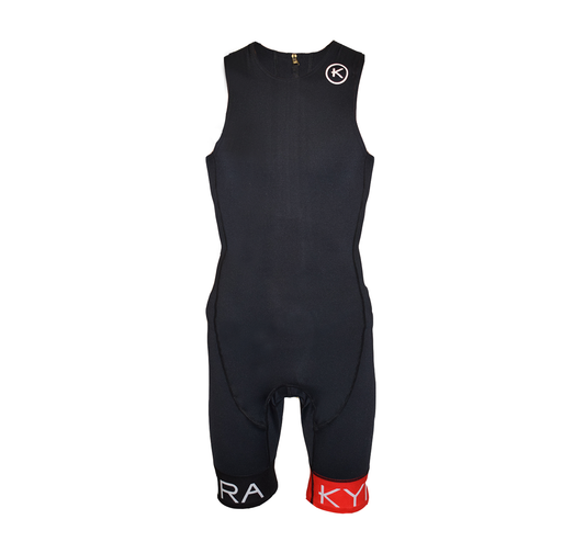 Black wetsuit with visible branding on a white background