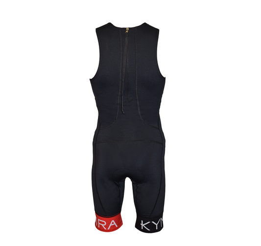 Black cycling suit with visible branding on a white background