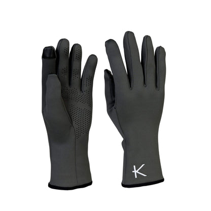 Pair of black gloves with a brand logo on a white background