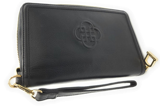 Black leather wallet with a gold zipper and wrist strap on a white background