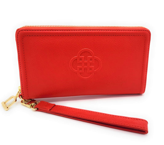 Red wallet with a wrist strap on a white background