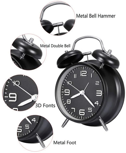 4 Inch Twin Bell Loud Alarm Clock - Metal Frame with Backlight