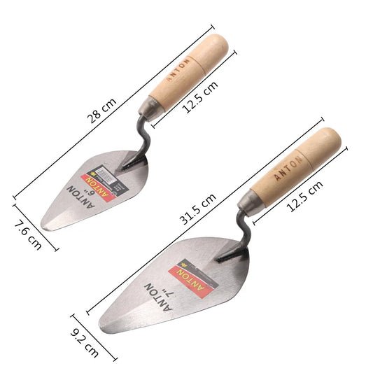 Two garden trowels with wooden handles and ANTON branding, shown with measurements on a white background.