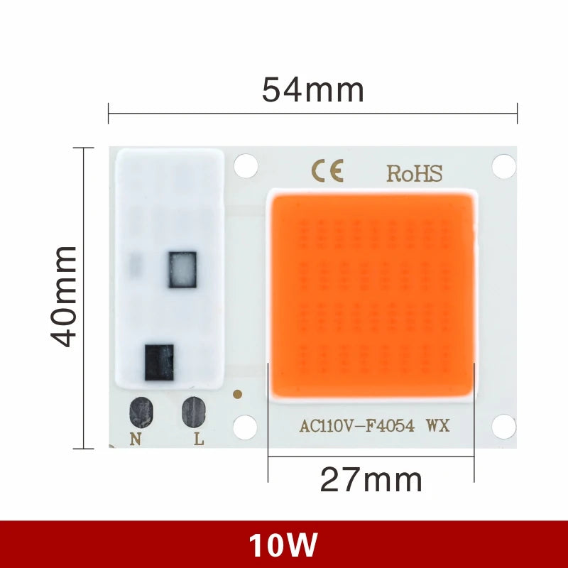 LED light chip with dimensions and certifications on a white background