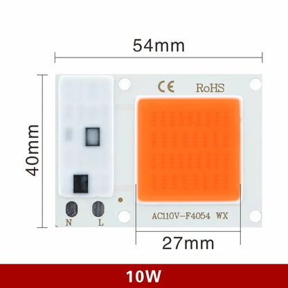 LED light chip with dimensions and certifications on a white background