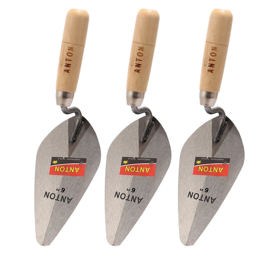 Three construction trowels with wooden handles and metal blades on a white background, branded 'ANTON'.