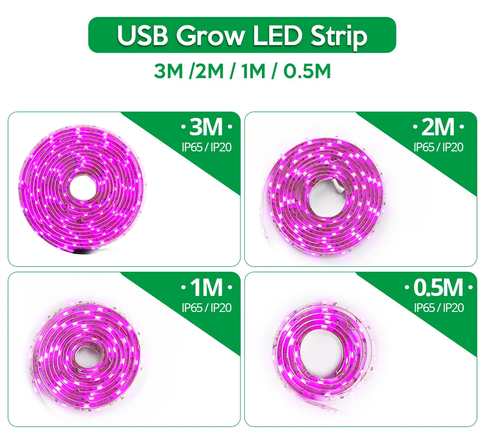 Bande lumineuse LED de croissance 5 V USB - 2835 spectre complet, longueurs 1 m/2 m/3 m