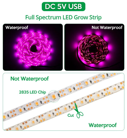 LED Grow Light Strip 5V USB - 2835 Full Spectrum 1M/2M/3M Lengths - Bascora