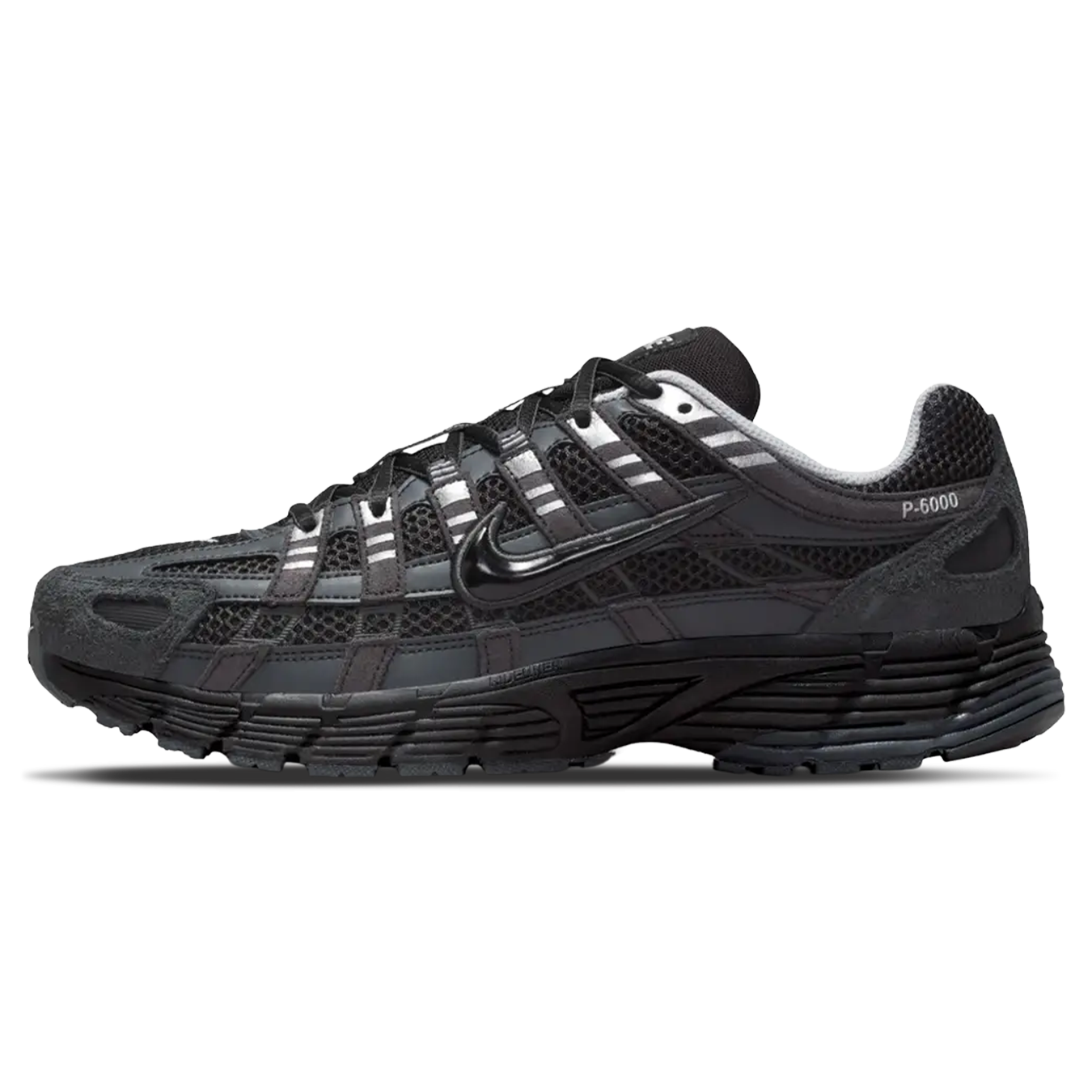 Black running shoe with brand logo on a white background