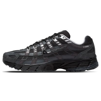 Black running shoe with brand logo on a white background