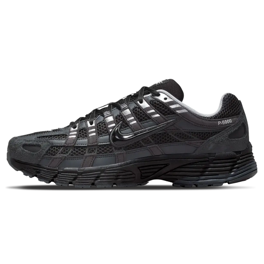 Black running shoe with brand logo on a white background