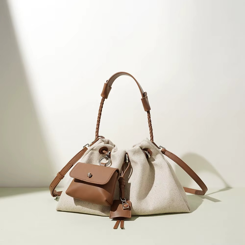 The Hearth Pouch Linen Mini Bucket Bag with Braided Handle