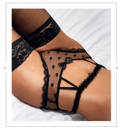 High Waist Mesh Lace Panties - Bow Detail Lingerie - Bascora