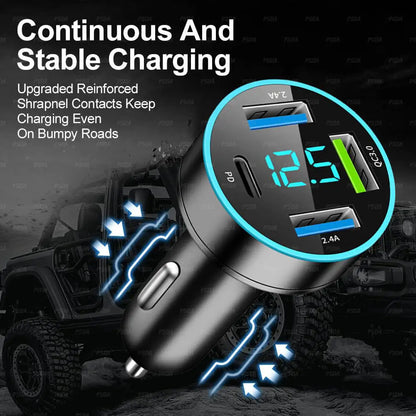 4 Ports Fast Car Charger Upgrade Voltmeter Display USB for iPhone - Bascora