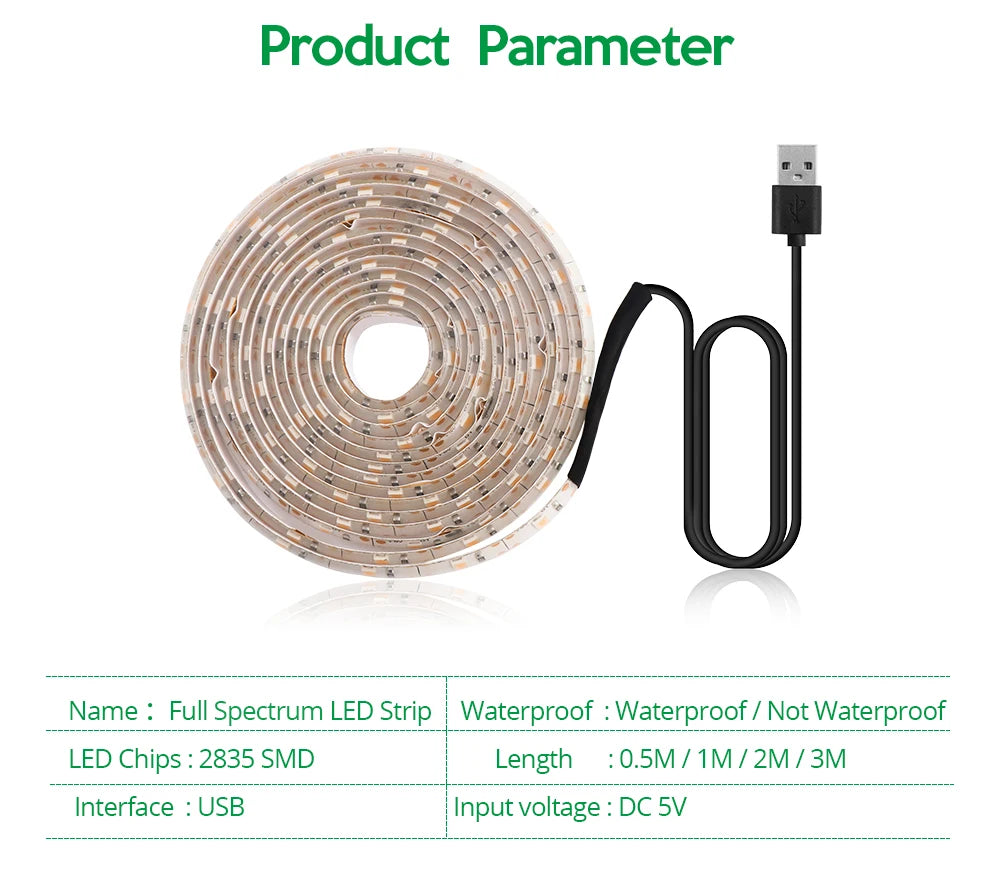 Bande lumineuse LED de croissance 5 V USB - 2835 spectre complet, longueurs 1 m/2 m/3 m