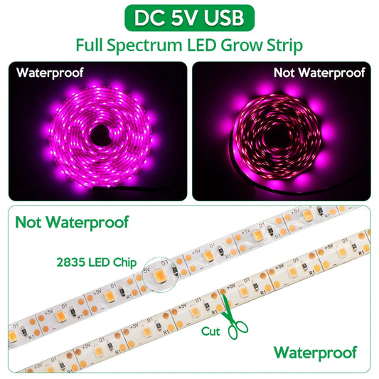 LED Grow Light Strip 5V USB - 2835 Full Spectrum 1M/2M/3M Lengths