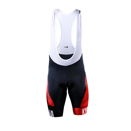 Cycling bib shorts with black, red, and white design on a white background