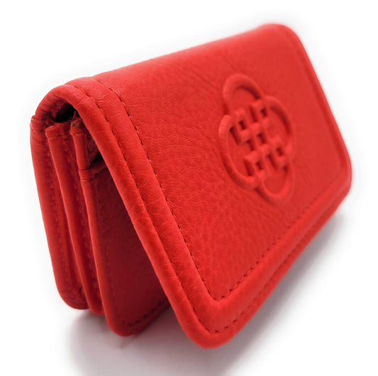 Red wallet with a logo on a white background
