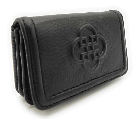 Black wallet with a central embossed logo on a white background