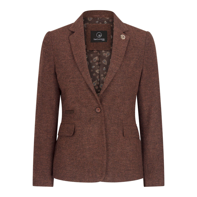 Women's Rust Brown Herringbone Wool Tweed Suit with Blazer, Trousers and Waistcoat
