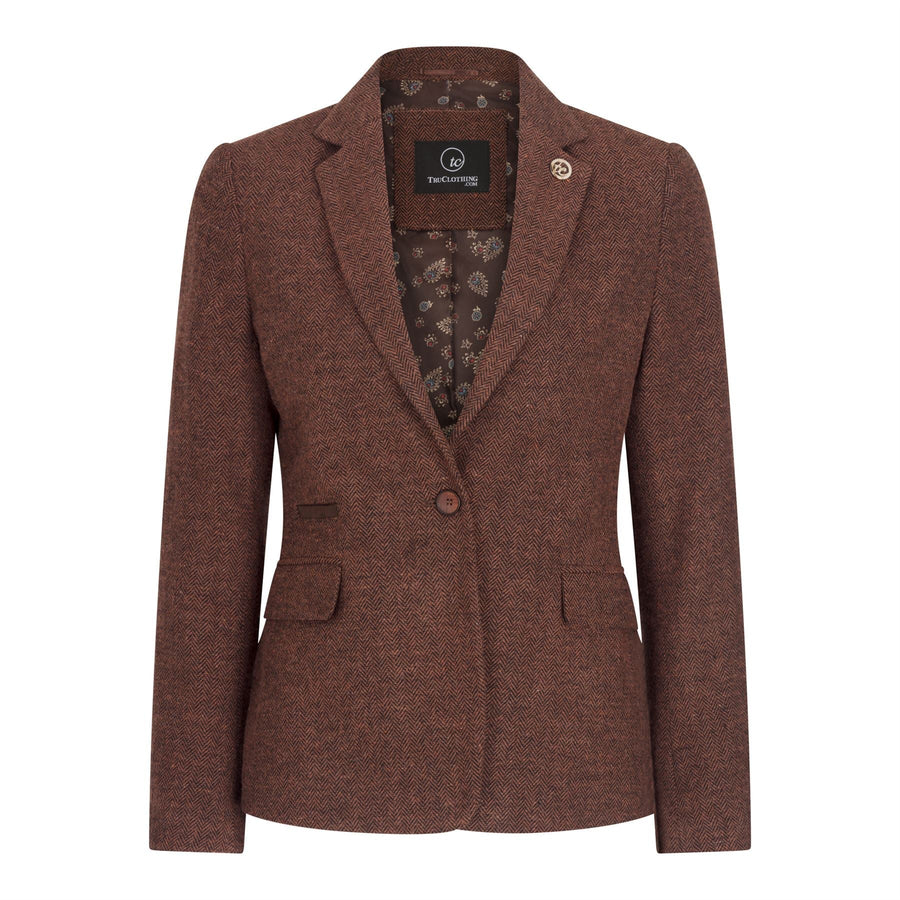 Women's Rust Brown Herringbone Wool Tweed Suit with Blazer, Trousers and Waistcoat