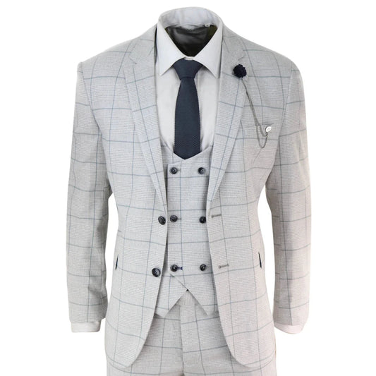 Radika Men's Light Grey Check 3 Piece Suit Double Breasted Waistcoat by TruClothing