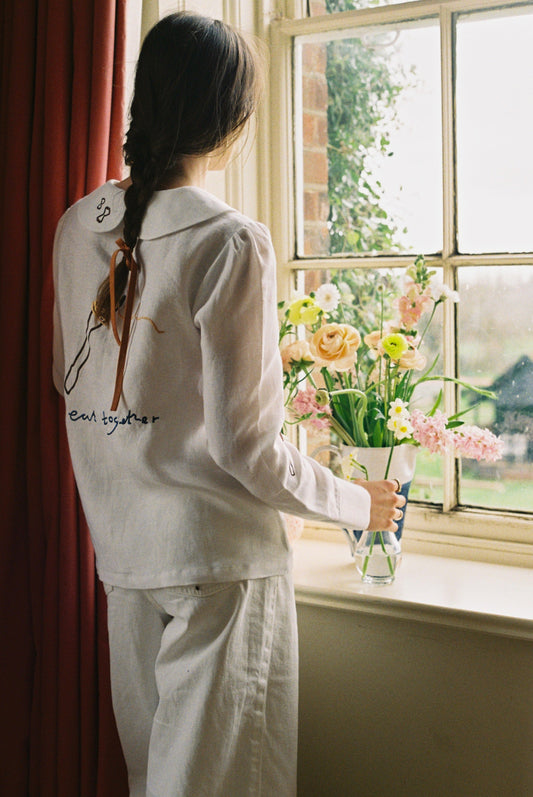 Eat Together Embroidered Claudine Linen Blouse - White  x Sshepaints