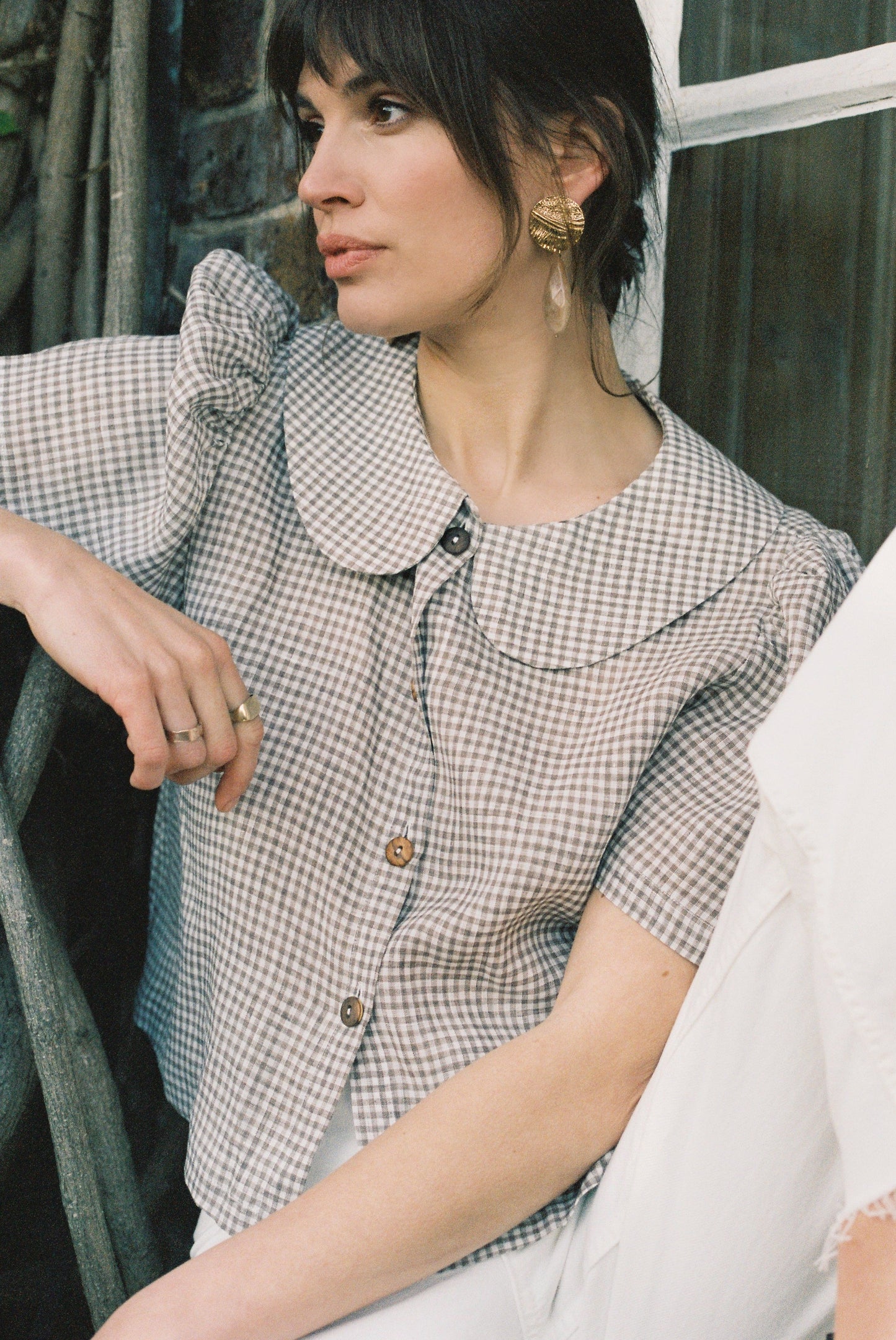 Frances Linen Cropped Blouse  - Fawn Gingham