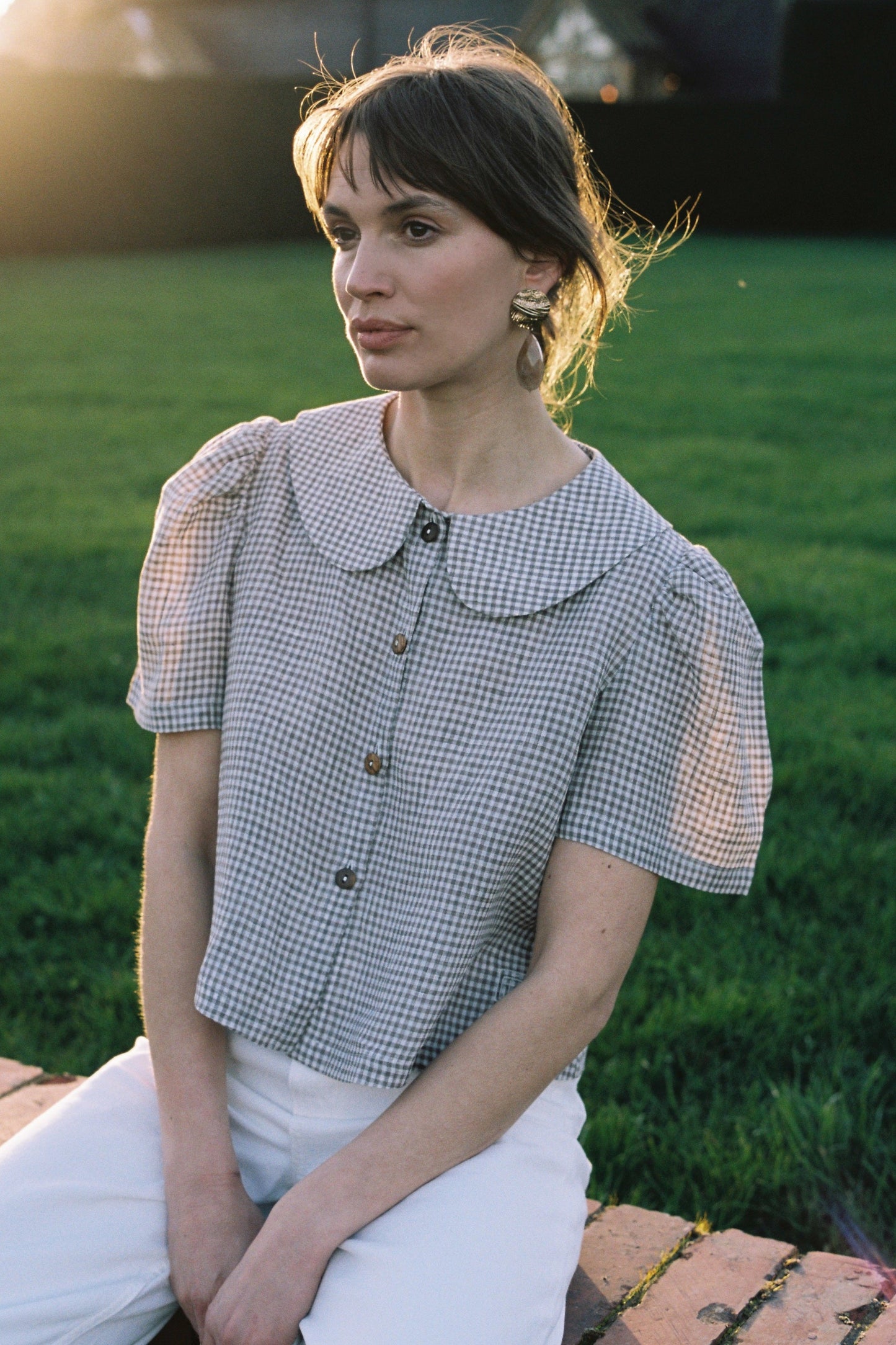 Frances Linen Cropped Blouse  - Fawn Gingham
