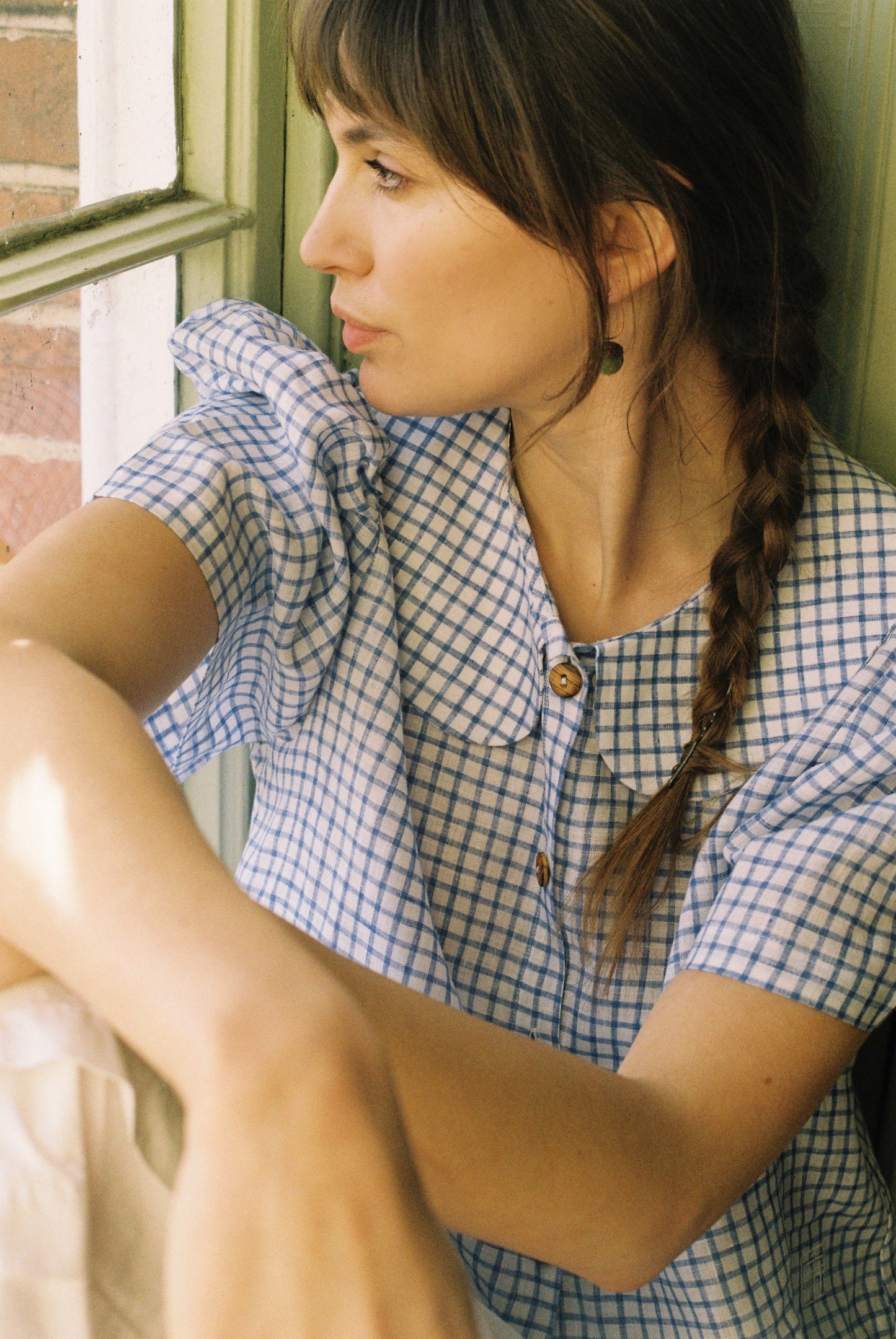 Frances Linen Cropped Blouse  - Royal Blue Gingham
