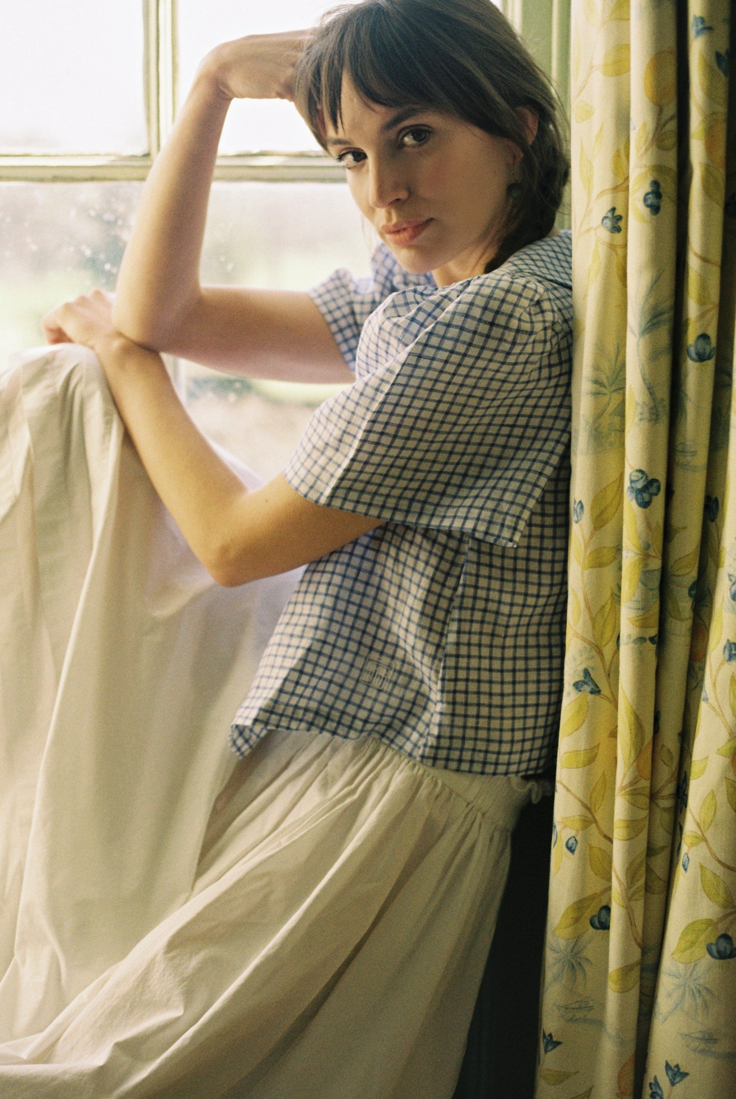 Frances Linen Cropped Blouse  - Royal Blue Gingham