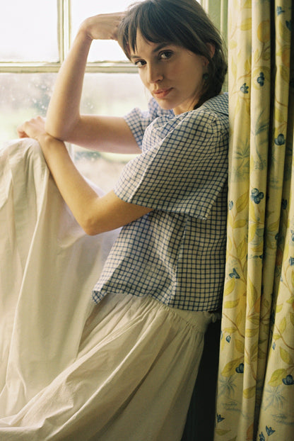 Frances Linen Cropped Blouse  - Royal Blue Gingham