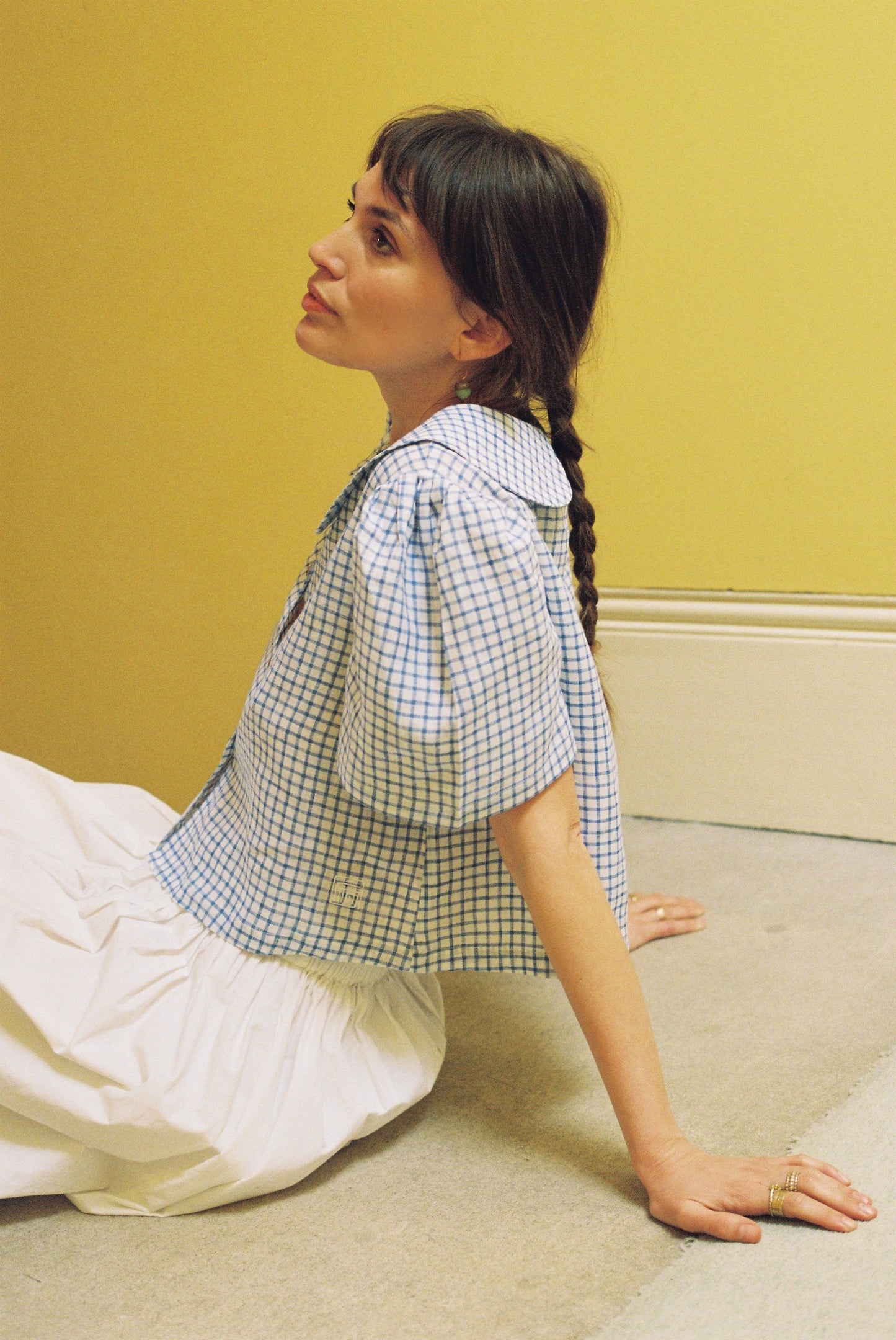 Frances Linen Cropped Blouse  - Royal Blue Gingham