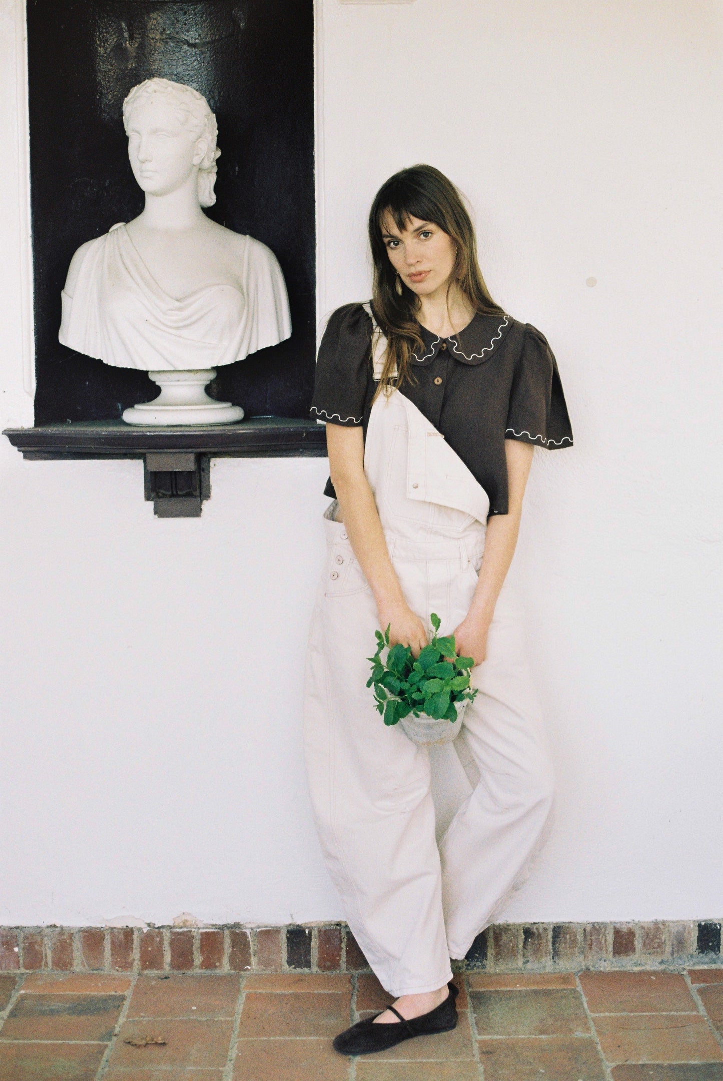 Frances Linen Cropped Blouse with Embroidered Trims  - Chocolate