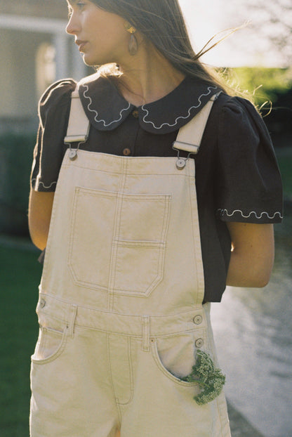 Frances Linen Cropped Blouse with Embroidered Trims  - Chocolate