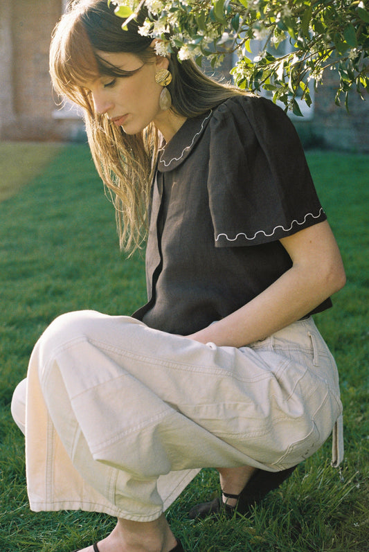 Má + Lin Frances Linen Cropped Blouse with Embroidered Trims - Chocolate