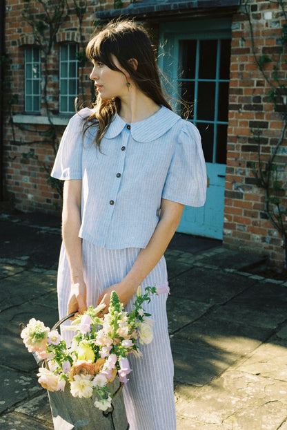 Má + Lin Maya Wide-Leg Linen Trousers in Baby Blue Stripe