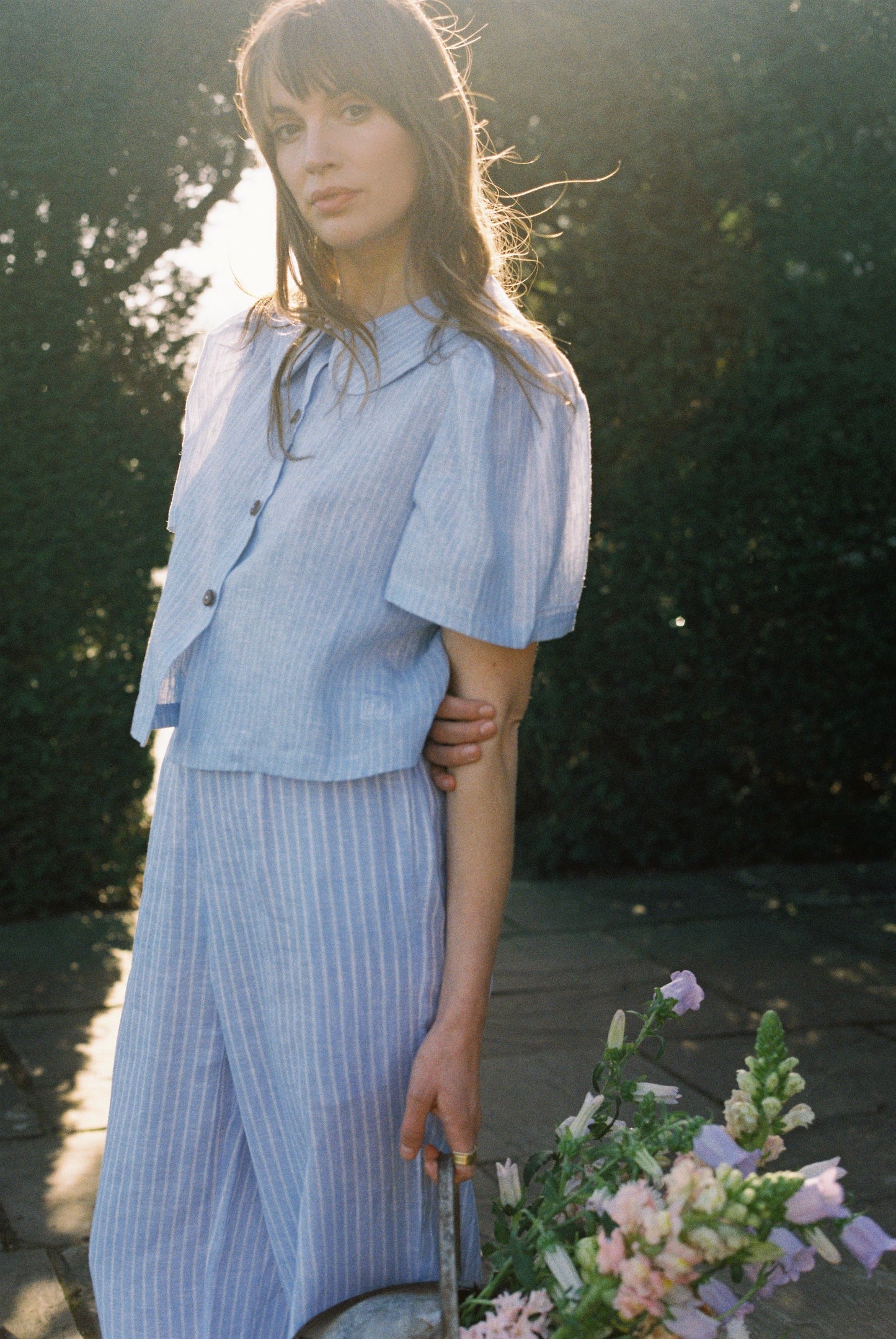 Má + Lin Maya Wide-Leg Linen Trousers in Baby Blue Stripe