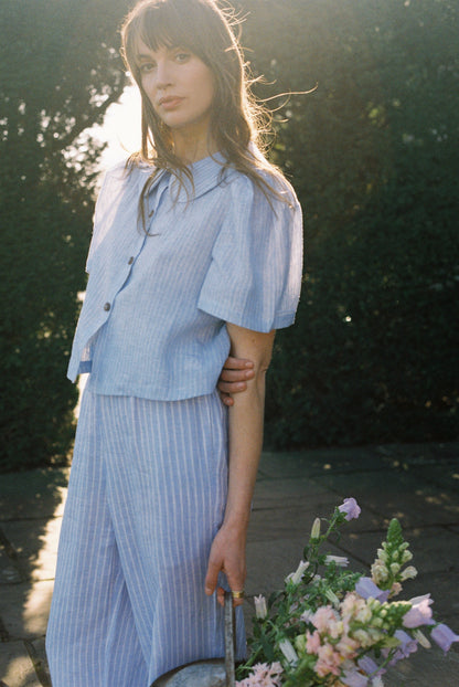 Má + Lin Maya Wide-Leg Linen Trousers in Baby Blue Stripe