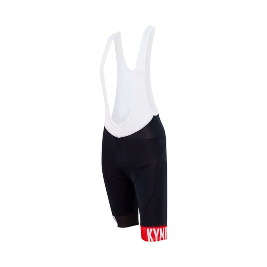 Black cycling bib shorts with white top and red logo on a white background