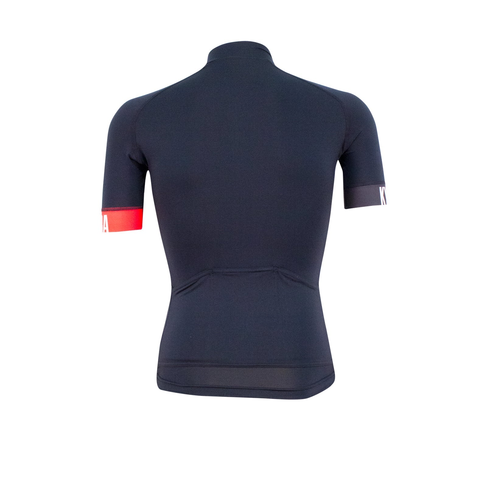 Navy cycling jersey with red and white accents on a white background