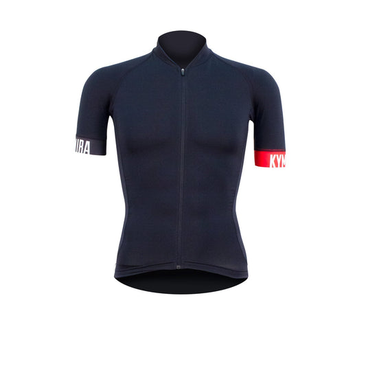 Black cycling jersey with red and white logos on sleeves against a white background
