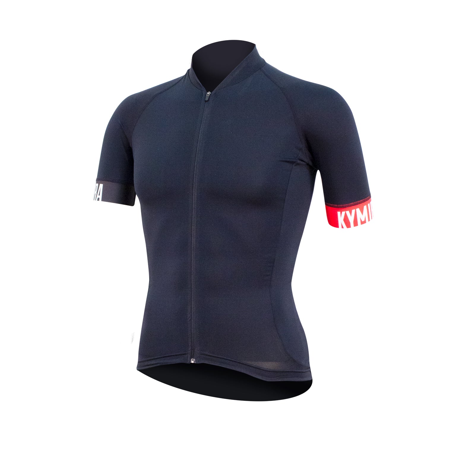 Navy cycling jersey with red and white logo on sleeve against a white background