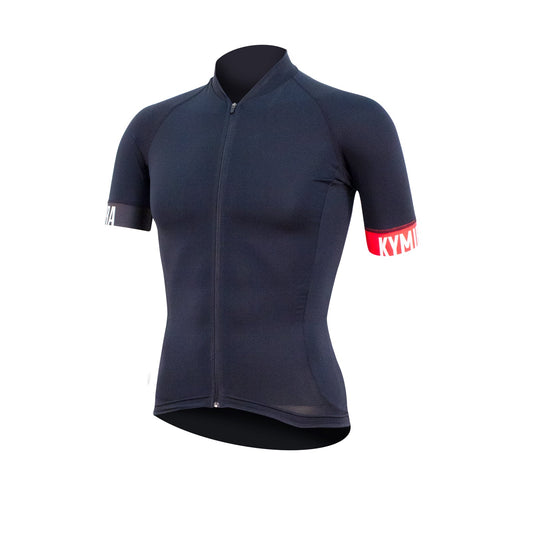 Navy cycling jersey with red and white logo on sleeve against a white background