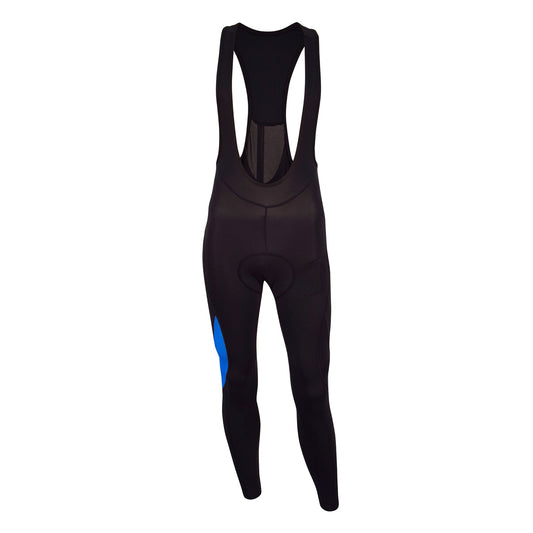 Black cycling bib shorts with a blue accent on a white background