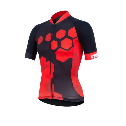 Black and red cycling jersey with geometric pattern on a white background