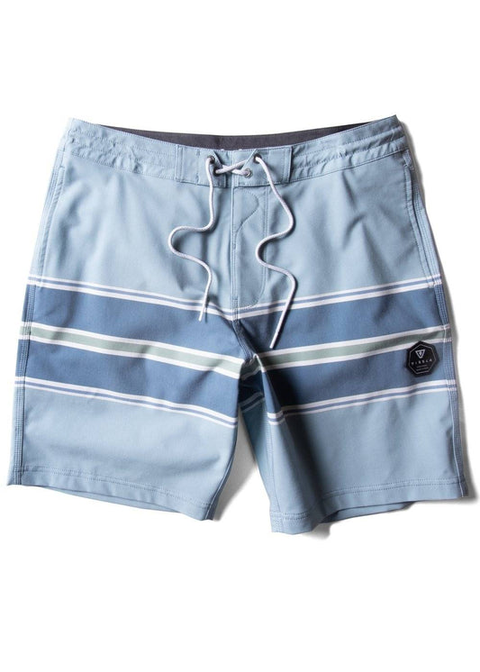 Light blue shorts with white stripes on a white background