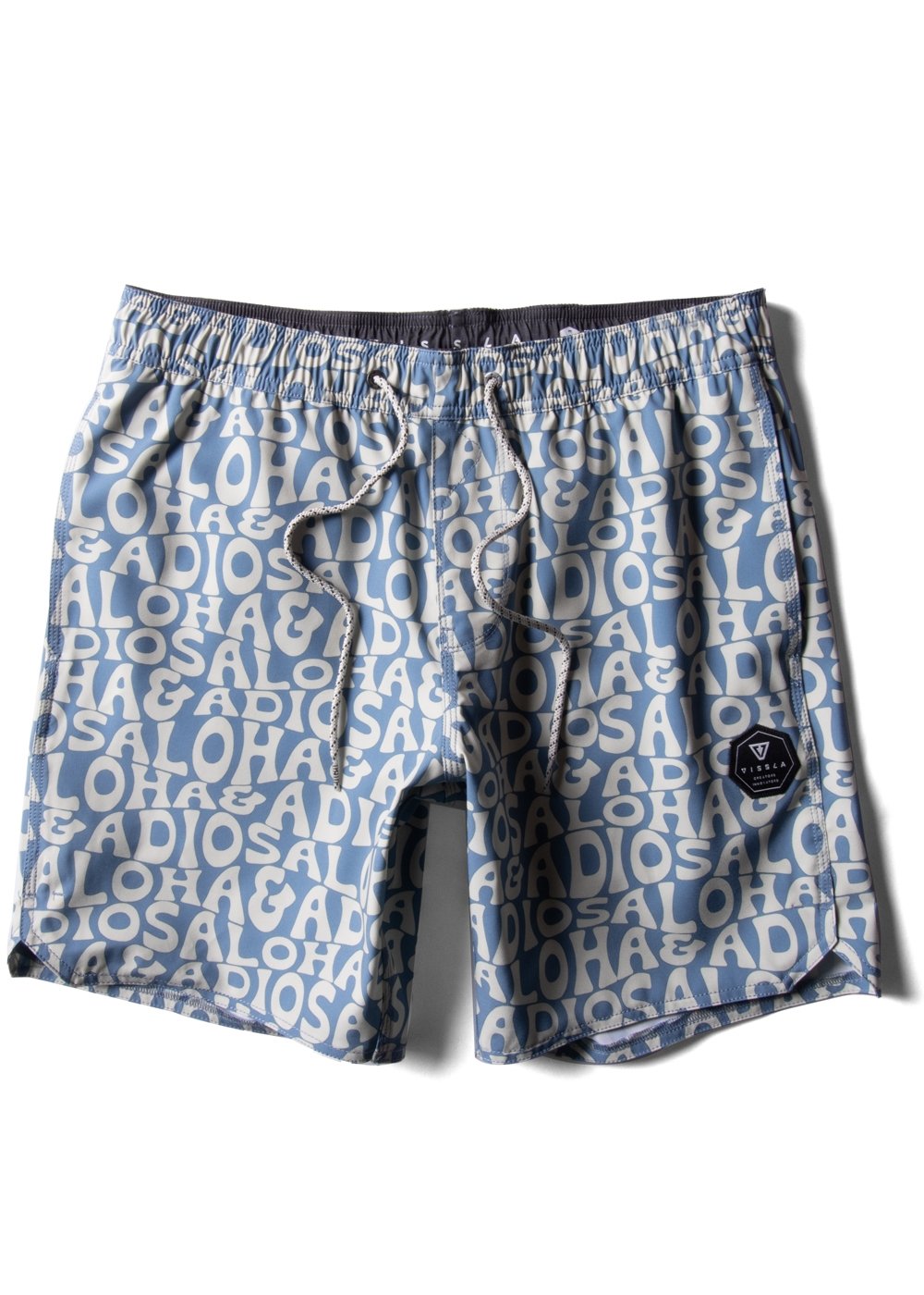 Blue swim shorts with white text pattern on a white background