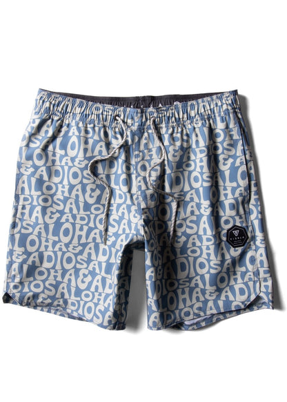 Blue swim shorts with white text pattern on a white background